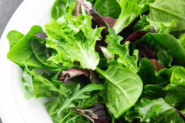 Taze salata yaprakları karışık salata sulu sağlıklı atıştırmalık sebzeler, roka, marul, meşe yaprağı, yeşil yaprak salatası lezzetli yemek arkaplanı masa kırsal gıdalar üst görünüm vejetaryen ve vejetaryen