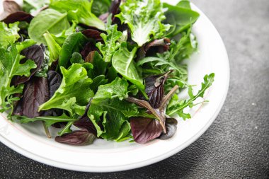 Taze salata yaprakları karışık salata sulu sağlıklı atıştırmalık sebzeler, roka, marul, meşe yaprağı, yeşil yaprak salatası lezzetli yemek arkaplanı masa kırsal gıdalar üst görünüm vejetaryen ve vejetaryen