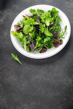 Taze salata yaprakları karışık salata sulu sağlıklı atıştırmalık sebzeler, roka, marul, meşe yaprağı, yeşil yaprak salatası lezzetli yemek arkaplanı masa kırsal gıdalar üst görünüm vejetaryen ve vejetaryen