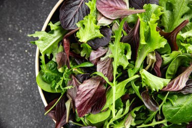 Taze salata yaprakları karışık salata sulu sağlıklı atıştırmalık sebzeler, roka, marul, meşe yaprağı, yeşil yaprak salatası lezzetli yemek arkaplanı masa kırsal gıdalar üst görünüm vejetaryen ve vejetaryen