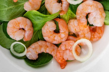 Karides salatası deniz ürünleri sebzeleri taze gurme yemek masa rustik gıda üst görünüm fotokopi alanı keto ve paleo diyet vejetaryen diyeti