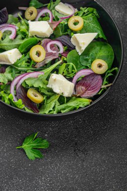 Zeytinli, peynirli ve yeşil yapraklı salata masadaki lezzetli gurme yemek arkaplanı rustik yemekler fotokopi alanı keto ve paleo diyet vejetaryen yemekleri.