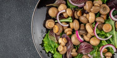 Şampiyon salatası yeşil marul konserve mantar taze gurme yemek arkaplan masa üzerinde rustik gıda üst görünüm fotokopi uzay keto ve paleo diyet vejetaryen ve vegan gıda