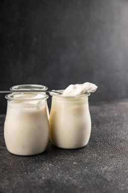 Skyr beyaz yoğurt aperatifi taze lezzetli gurme yemek arka planda masa rustik gıda fotokopi uzay keto ve paleo diyet vejetaryen gıda