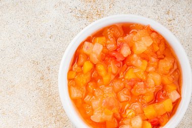 Şuruplu meyveler organik meyve ve meyveler tatlı tatlı lezzetli lezzetli gurme yemek arkaplanı masadaki rustik yiyecekler üst manzara fotokopi alanı