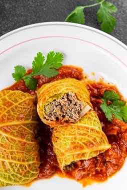 cabbage rolls cabbage stuffing meat tasty fresh delicious gourmet food background table rustic food top view copy space keto and paleo diet