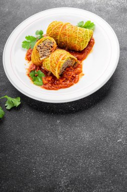 cabbage rolls cabbage stuffing meat tasty fresh delicious gourmet food background table rustic food top view copy space keto and paleo diet