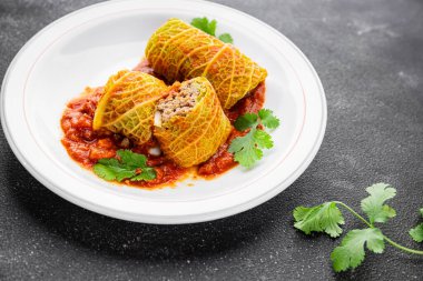 cabbage rolls cabbage stuffing meat tasty fresh delicious gourmet food background table rustic food top view copy space keto and paleo diet
