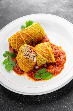 cabbage rolls cabbage stuffing meat tasty fresh delicious gourmet food background table rustic food top view copy space keto and paleo diet