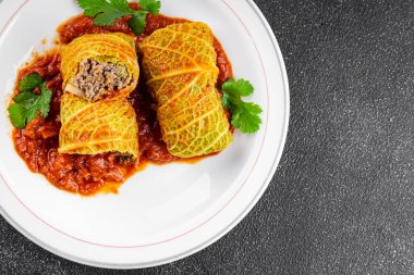 cabbage rolls cabbage stuffing meat tasty fresh delicious gourmet food background table rustic food top view copy space keto and paleo diet