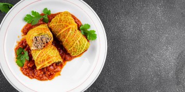 cabbage rolls cabbage stuffing meat tasty fresh delicious gourmet food background table rustic food top view copy space keto and paleo diet