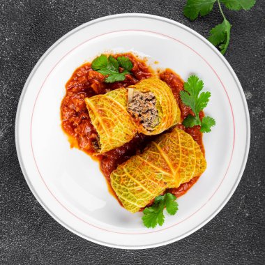 cabbage rolls cabbage stuffing meat tasty fresh delicious gourmet food background table rustic food top view copy space keto and paleo diet
