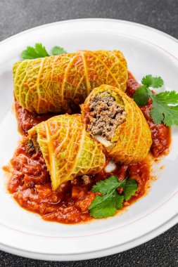 cabbage rolls cabbage stuffing meat tasty fresh delicious gourmet food background table rustic food top view copy space keto and paleo diet