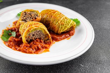 cabbage rolls cabbage stuffing meat tasty fresh delicious gourmet food background table rustic food top view copy space keto and paleo diet