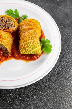 cabbage rolls cabbage stuffing meat tasty fresh delicious gourmet food background table rustic food top view copy space keto and paleo diet