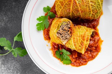 cabbage rolls cabbage stuffing meat tasty fresh delicious gourmet food background table rustic food top view copy space keto and paleo diet