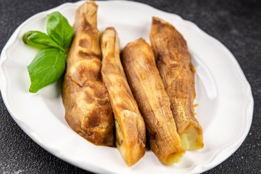 Baked eggplant vegetable cooking tasty fresh delicious gourmet food background table rustic food top view copy space keto and paleo diet vegetarian and vegan food