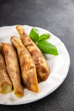 Baked eggplant vegetable cooking tasty fresh delicious gourmet food background table rustic food top view copy space keto and paleo diet vegetarian and vegan food