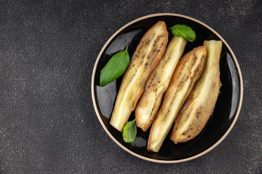 Baked eggplant vegetable cooking tasty fresh delicious gourmet food background table rustic food top view copy space keto and paleo diet vegetarian and vegan food