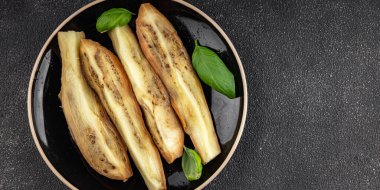 Baked eggplant vegetable cooking tasty fresh delicious gourmet food background table rustic food top view copy space keto and paleo diet vegetarian and vegan food