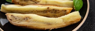 Baked eggplant vegetable cooking tasty fresh delicious gourmet food background table rustic food top view copy space keto and paleo diet vegetarian and vegan food
