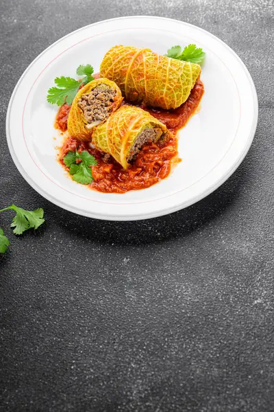 cabbage rolls cabbage stuffing meat tasty fresh delicious gourmet food background table rustic food top view copy space keto and paleo diet