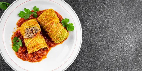 cabbage rolls cabbage stuffing meat tasty fresh delicious gourmet food background table rustic food top view copy space keto and paleo diet