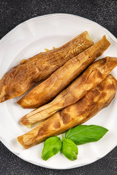 Baked eggplant vegetable cooking tasty fresh delicious gourmet food background table rustic food top view copy space keto and paleo diet vegetarian and vegan food