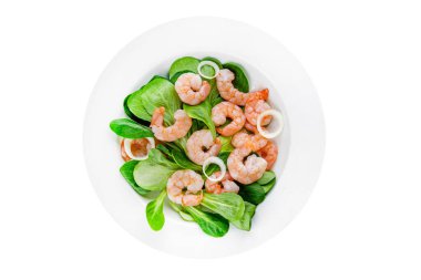 Karides salatası deniz ürünleri sebzeleri taze gurme yemek masa rustik gıda üst görünüm fotokopi alanı keto ve paleo diyet vejetaryen diyeti