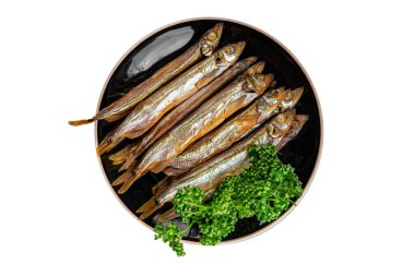 Tütsülenmiş kapelinli balık sprat sebzesi taze lezzetli gurme yemek arka planı masa rustik gıda üst görünümü fotokopi alanı pesseeter diyet