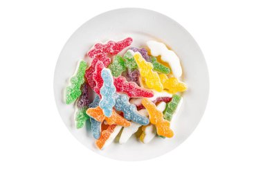 Jöleli şeker tatlı yemek lezzetli gurme yemek arka planı masa rustik gıda üst görünüm fotokopi alanı 