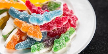 Jöleli şeker tatlı yemek lezzetli gurme yemek arka planı masa rustik gıda üst görünüm fotokopi alanı 