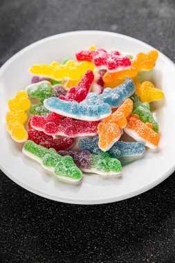 Jöleli şeker tatlı yemek lezzetli gurme yemek arka planı masa rustik gıda üst görünüm fotokopi alanı 