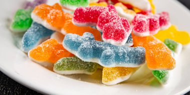 Jöleli şeker tatlı yemek lezzetli gurme yemek arka planı masa rustik gıda üst görünüm fotokopi alanı 