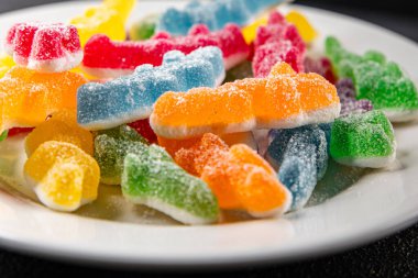 Jöleli şeker tatlı yemek lezzetli gurme yemek arka planı masa rustik gıda üst görünüm fotokopi alanı 