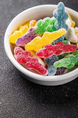 Jöleli şeker tatlı yemek lezzetli gurme yemek arka planı masa rustik gıda üst görünüm fotokopi alanı 