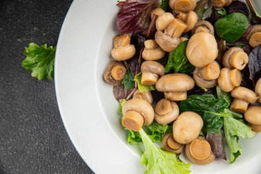 Mantar salatası yeşil marul konserve şampiyon mantarı taze gurme yemek arkaplanı masa rustik yemek üst görünüm fotokopi alanı