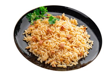 Pirinç etli jambon ana yemek taze lezzetli gurme yemek arkaplan masa üzerinde rustik gıda üst görünüm kopyalama alanı