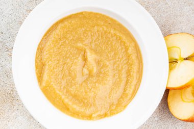 Elma püresi doğal malzeme lezzetli taze gurme yemek arka plan masa rustik yemek üst görünüm boşluk