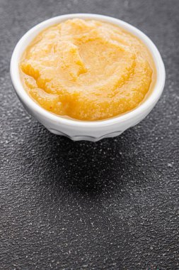 Elma püresi doğal malzeme lezzetli taze gurme yemek arka plan masa rustik yemek üst görünüm boşluk