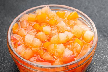 Şuruplu meyveler organik meyve meyveleri tatlı tatlı tatlı lezzetli gurme yemek arkaplanı masa kırsal yiyeceklerin üst görünümü fotokopi alanı