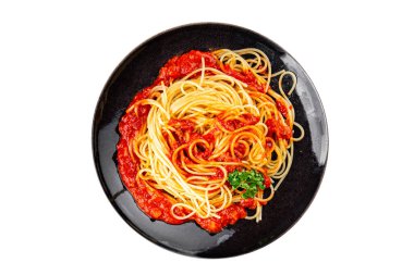 Spagetti bolonez makarna sosu lezzetli lezzetli lezzetli gurme yemek arka plan masa kırsal yemek üst görünüm fotokopi alanı