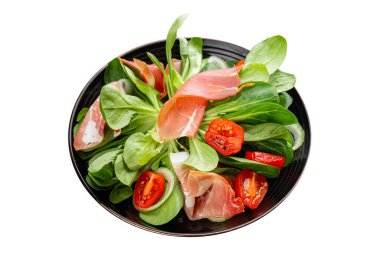 Jambon salatası jamon et sebzeler taze lezzetli gurme yemek arkaplanı masa rustik yemek üst görünüm fotokopi alanı