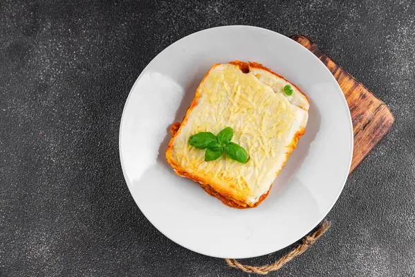 Lasagna vejetaryen et yok beşamel yok, domates sosu, sebze sebzesi organik ürün taze lezzetli gurme yemek arkaplanı masa rustik gıda üst görünümü fotokopi alanı