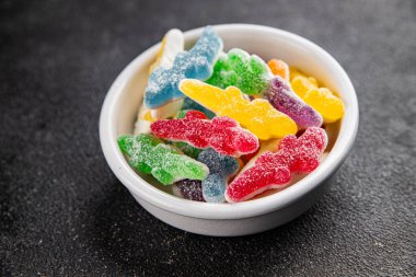 Jöleli şeker tatlı tatlı tatlı. Yemek arkaplanı, masa rustik yemek üst görünümü fotokopi alanı.