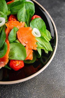 Salata somonu taze deniz ürünleri aperatif sebzeler taze lezzetli gurme yemek arkaplanı masa rustik gıda üst görünümü fotokopi alanı 