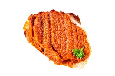 Biber ezmesi, kırmızı biber, kızartılmış sebze, humus aperatif sebze, taze gurme yemek arka planı, masa rustik yiyeceklerin üst görünümü, fotokopi alanı.