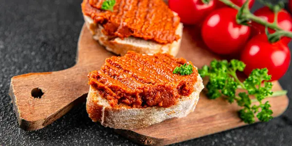 Biber ezmesi, kırmızı biber, kızartılmış sebze, humus aperatif sebze, taze gurme yemek arka planı, masa rustik yiyeceklerin üst görünümü, fotokopi alanı.