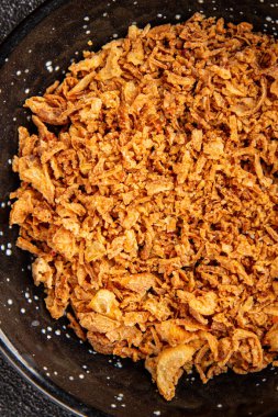 Kızarmış soğan çıtır soğan aperatif sebzeler taze lezzetli gurme yemek arkaplanı masa rustik gıda üst görünümü fotokopi alanı 