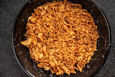 Kızarmış soğan çıtır soğan aperatif sebzeler taze lezzetli gurme yemek arkaplanı masa rustik gıda üst görünümü fotokopi alanı 